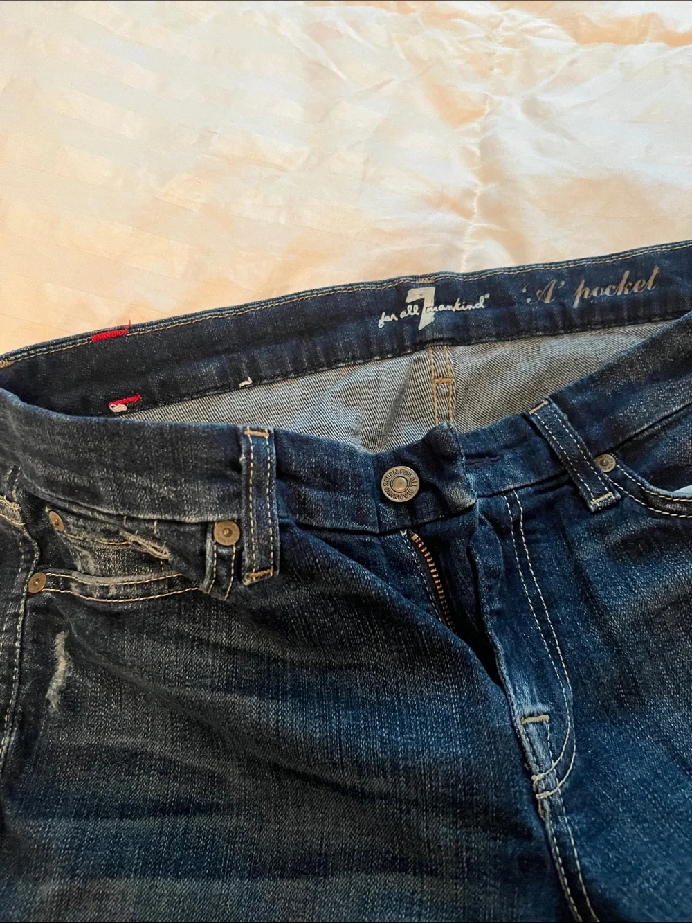 7 For All Mankind Dark Blue Denim Bootcut Jeans with Embellished Back Pocket